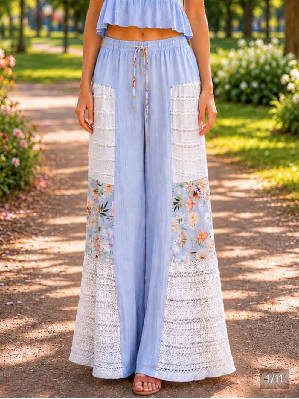 NWOT POL Light Blue Floral Crochet & Lace Wide Leg Palazzo Pants Size Small